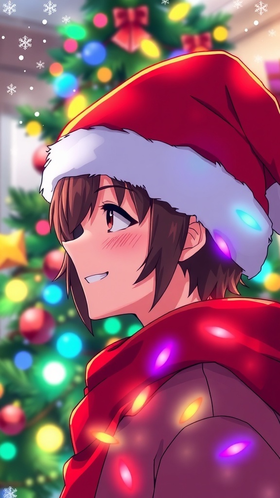 Haikyuu character in a Santa hat with Christmas lights and snowflakes.